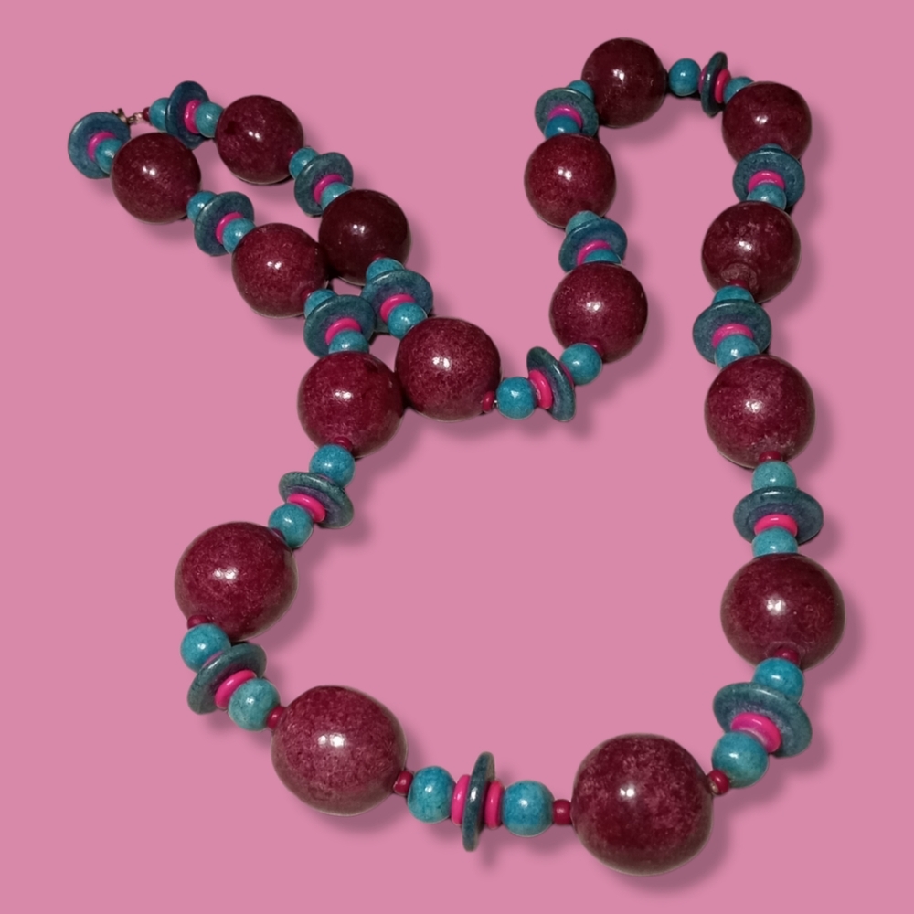 Vintage 80s Wood Bead Bubble Statement Necklaces - Picture 2 of 5